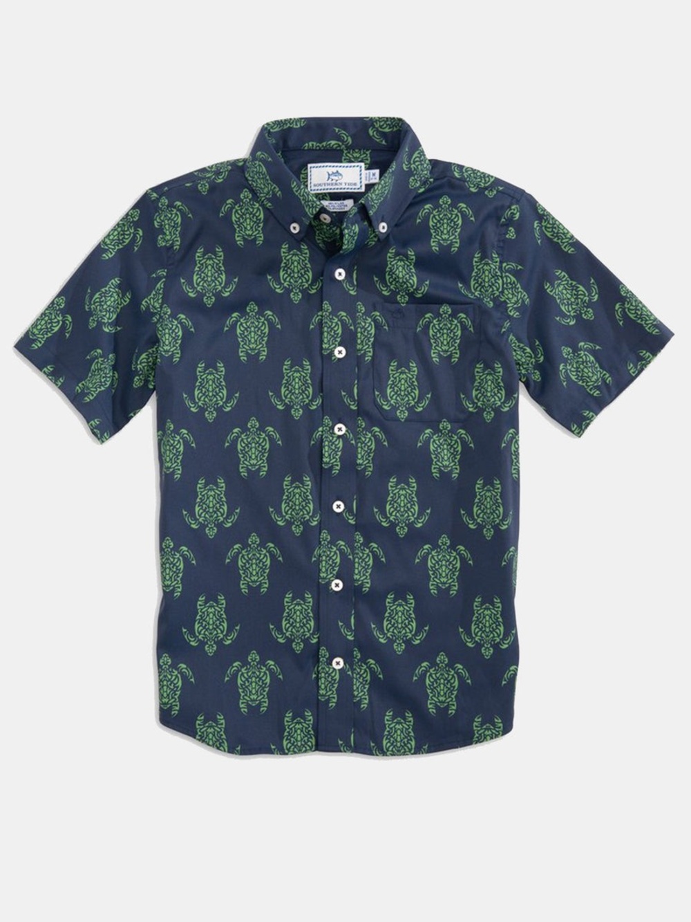 Southern Tide Navy Short-Sleeve Button-Down with Green Turtle Print